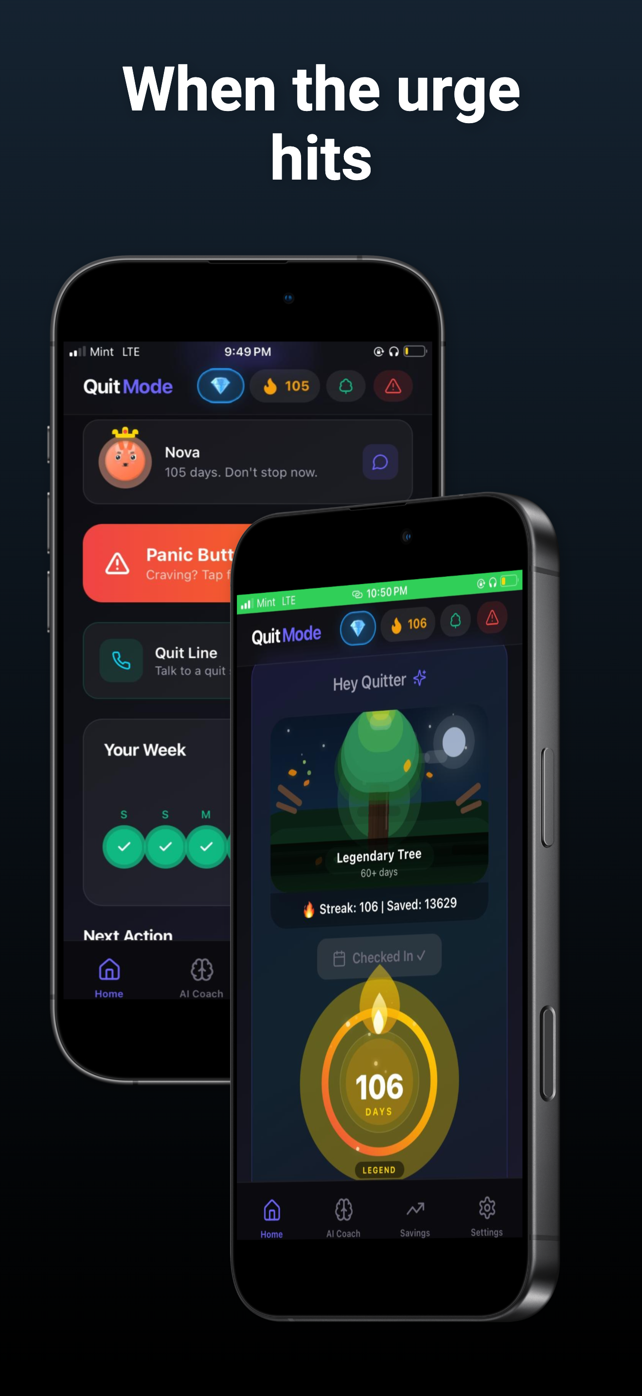 QuitMode home screen — Panic Button and AI support